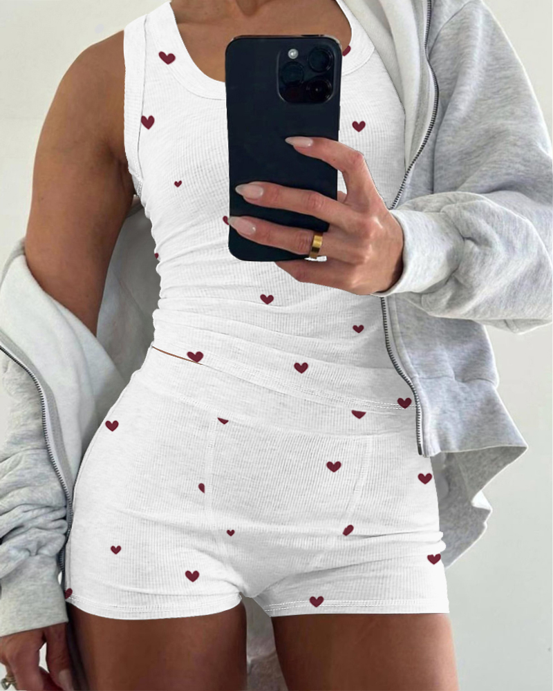 

Conjunto de pijama informal de canalé con camiseta sin mangas con cuello en U y pantalones cortos con cintura elástica y estampado de corazones de talla grande, White