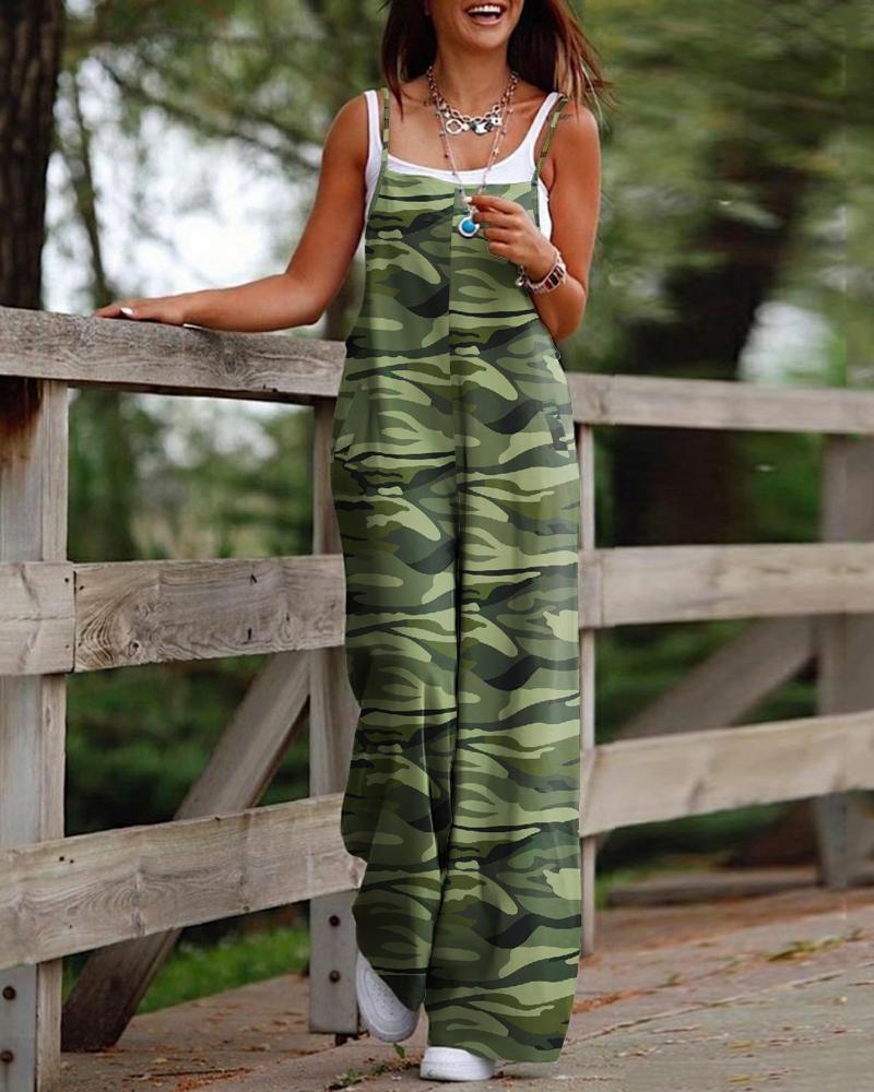 

Camouflage Print Spaghetti Strap Jumpsuit, Camoflage
