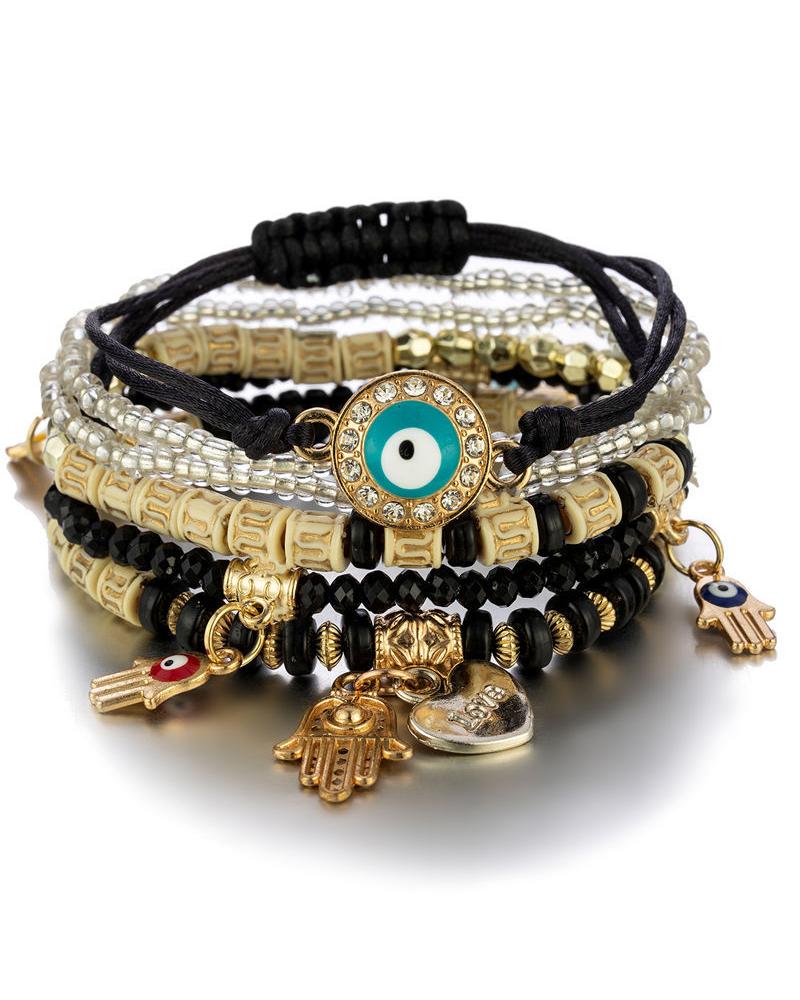 

Hands Eyes Pattern Stacking Elastic Beaded Multi-layer Bracelet, Black