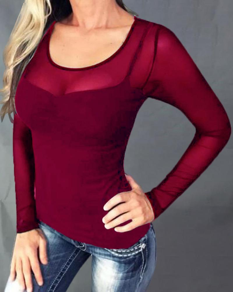 

Long Sleeve Sheer Mesh Blouse, Wine red