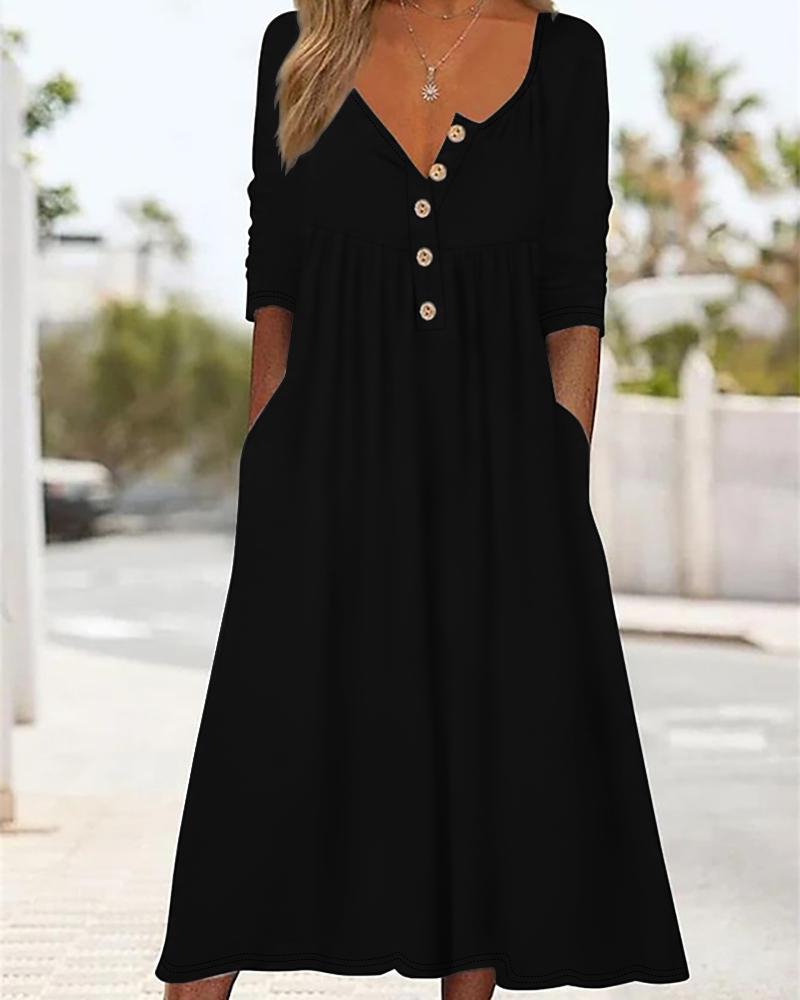 

Scoop Neck Buttoned Ruched Casual Dress, Black