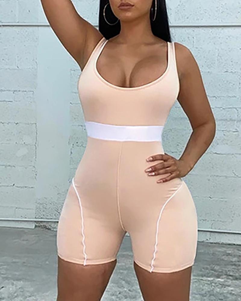 

Striped Colorblock Thick Strap Sporty Romper, Pink