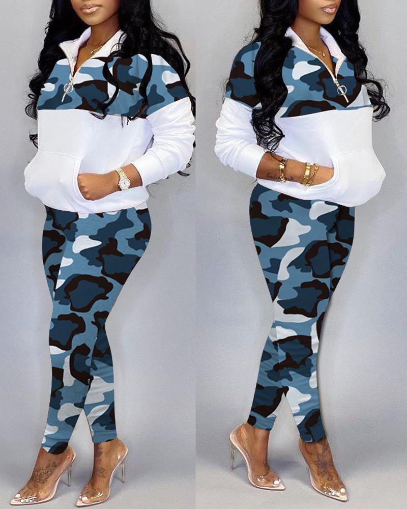 

Camo Print Pocket Detail Zipper Front Top & Pants Set, Blue