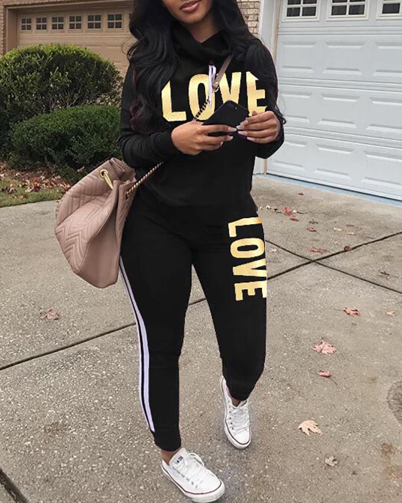 

Letter Print Long Sleeve Top & High Waist Pants Set, Black