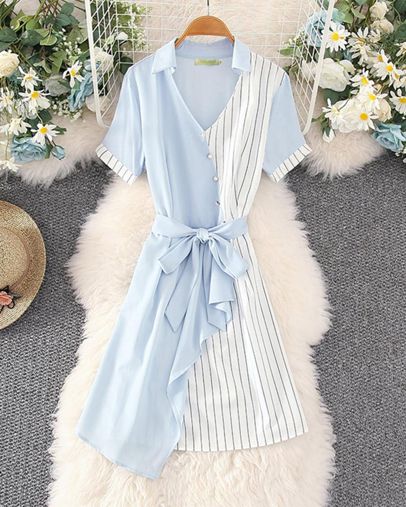

Colorblock Striped Patchwork Short Sleeve Lace-up Waist Midi Dress, Blue