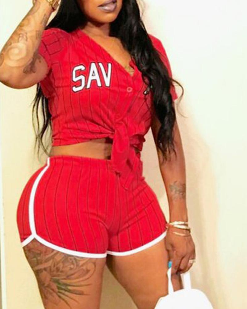 

Striped Letter Print Buttoned Top & Shorts Set, Red