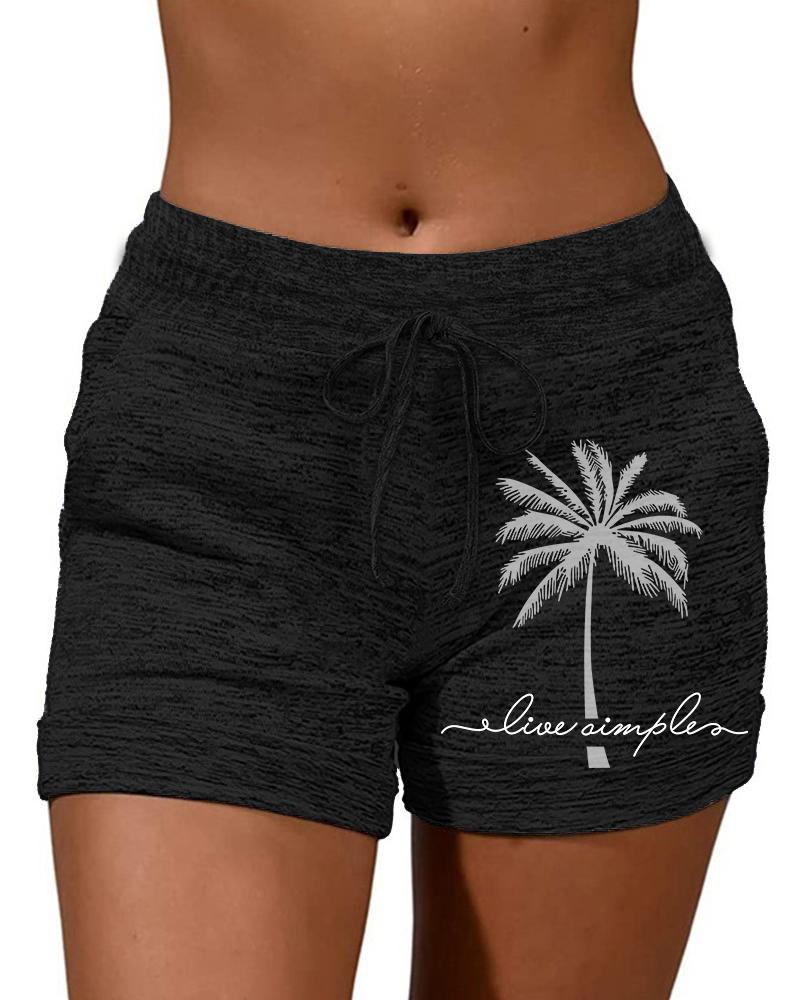 

Live Simple Coconut Tree Print Drawstring Shorts, Black
