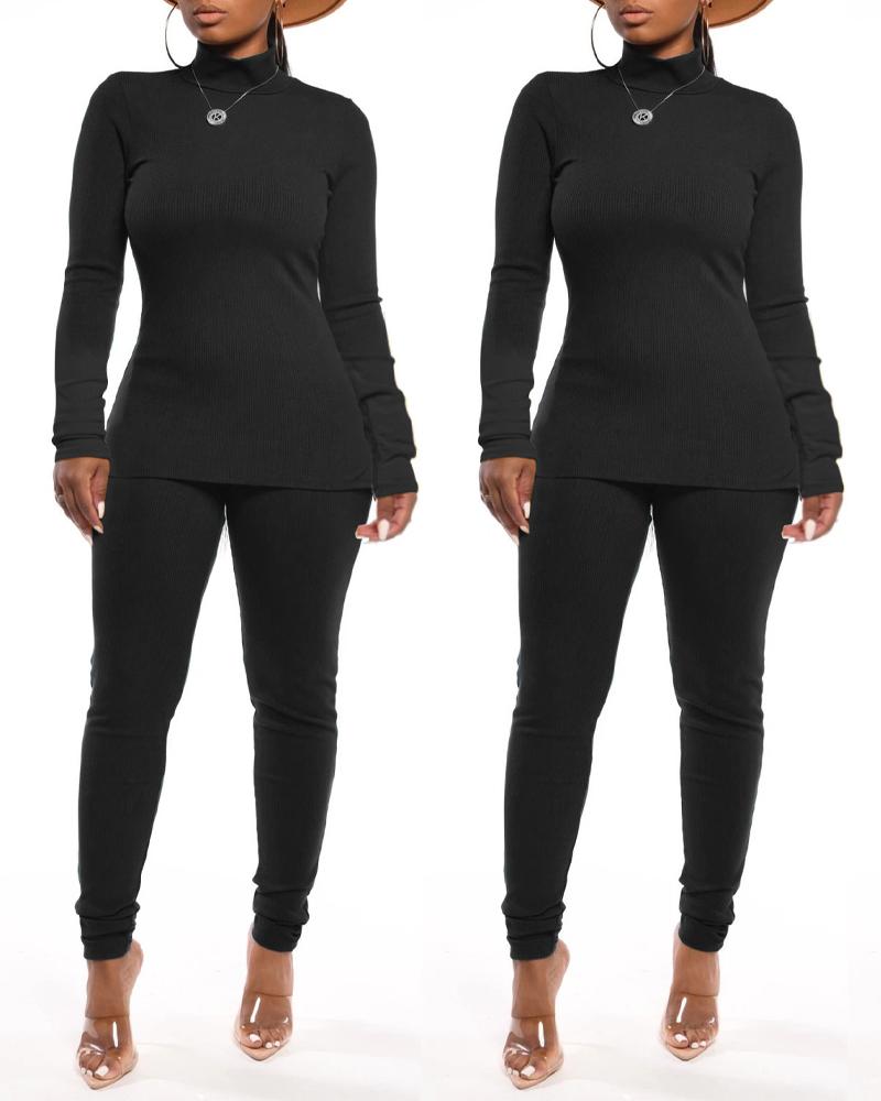 

Long Sleeve High Neck Top & Pants Set, Black