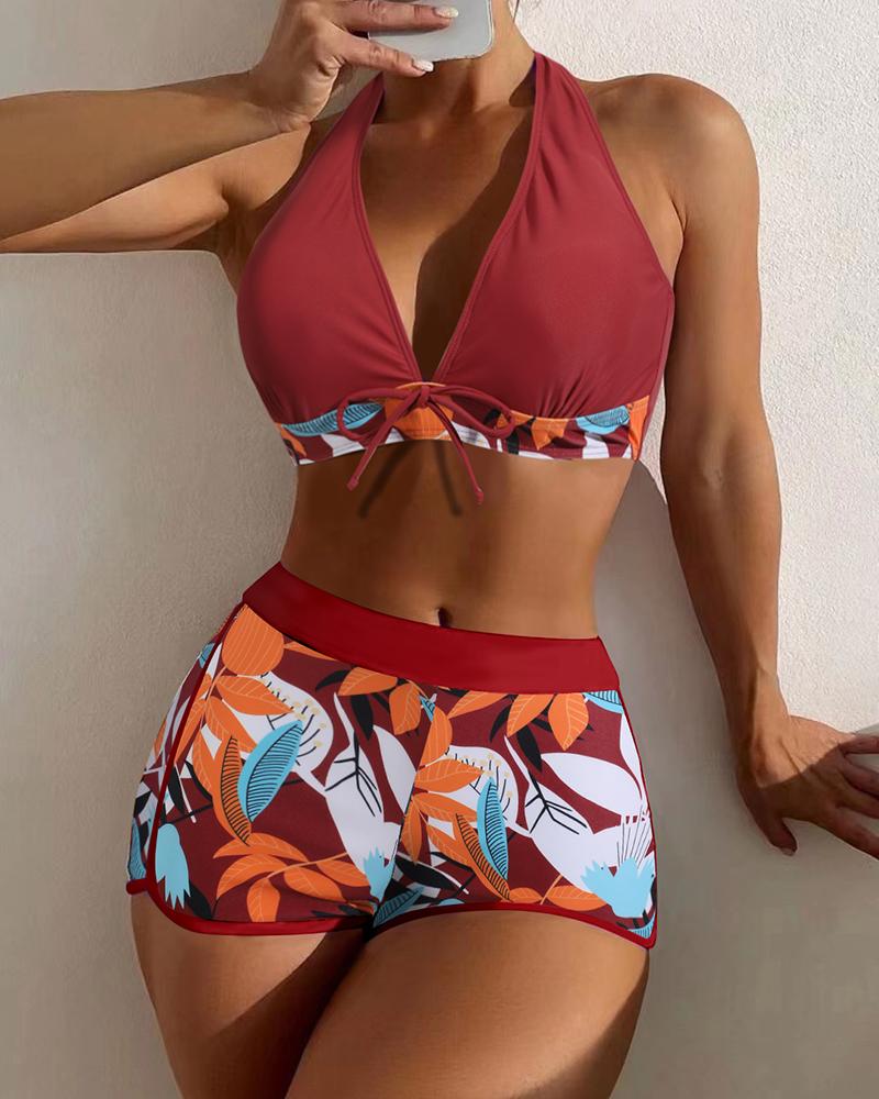 

Tropical Print Tied Detail Bikini Set, Red