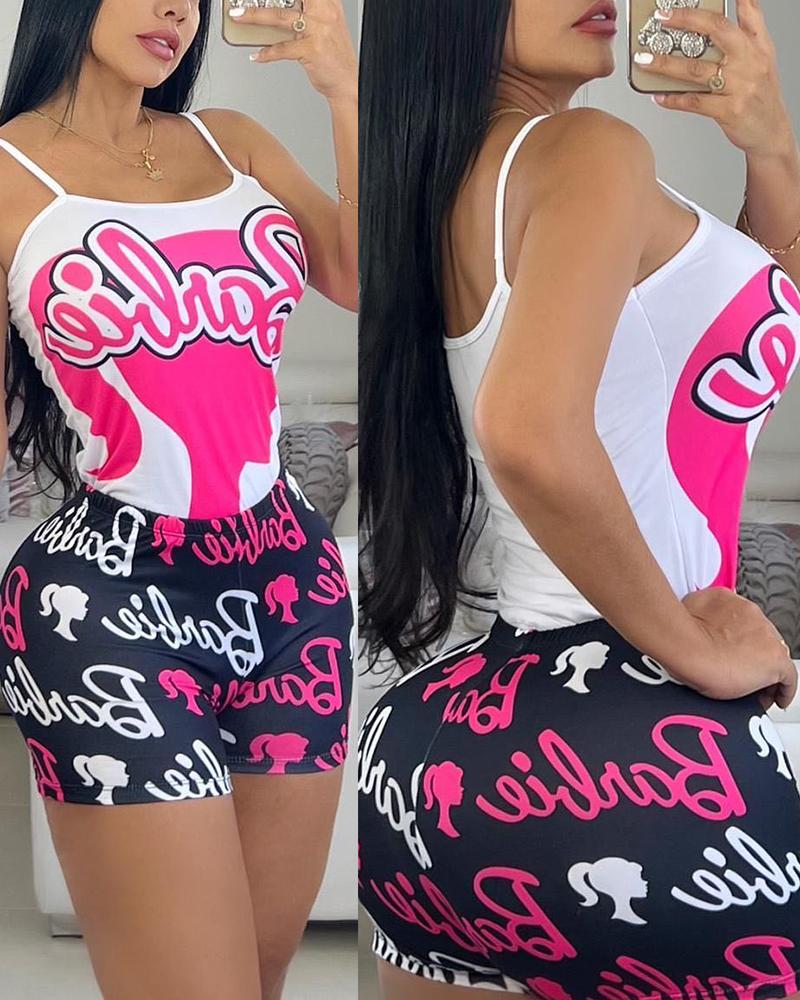 

Barbie Letter Print Scoop Neck Sleep Cami Set, Hot pink