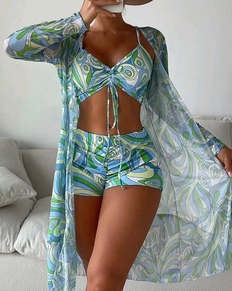 

3PCS Allover Print Drawstring Bikini Set With Cover Up, Green