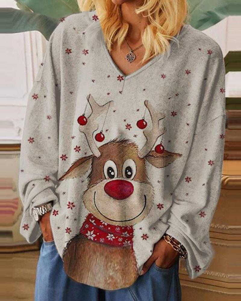 

Christmas Snowflake Elk Print Long Sleeve Top, Gray