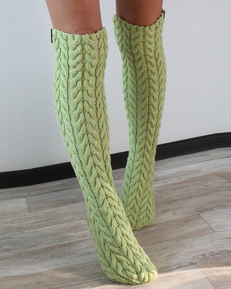 

1Pair Cable Knit Over The Calf Fluffy Tube Socks, Green