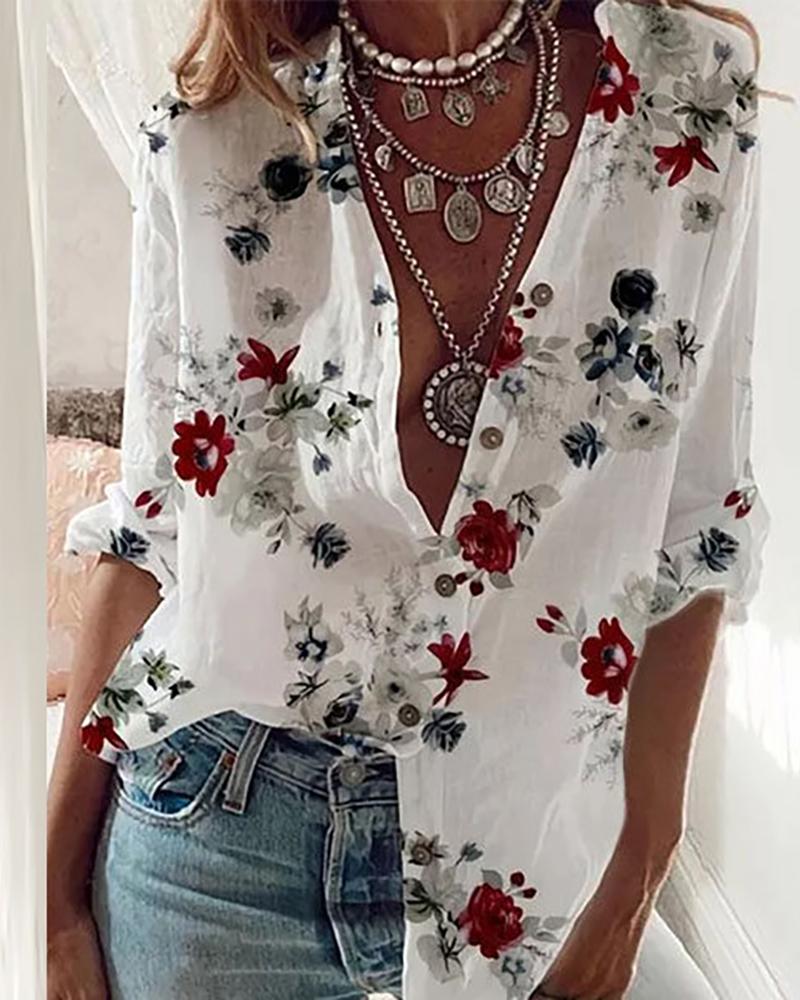 

Floral Print Long Sleeve Buttoned Shirt, White