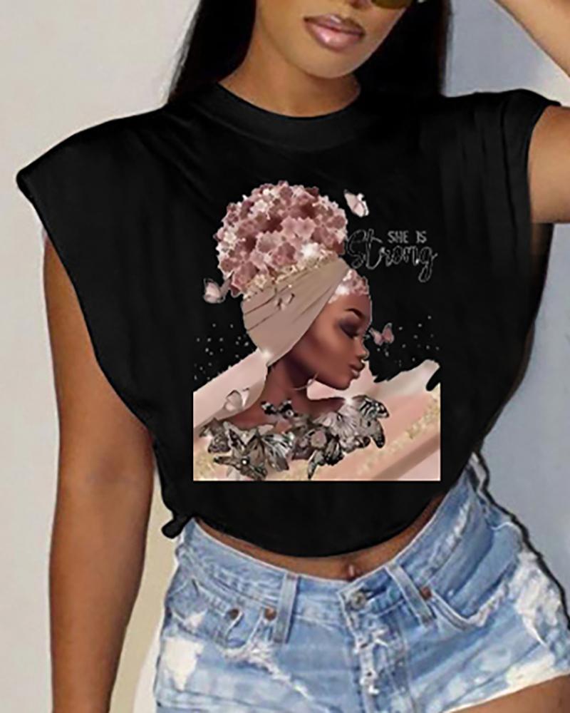 

O-Neck Figure Print T-shirt, Black