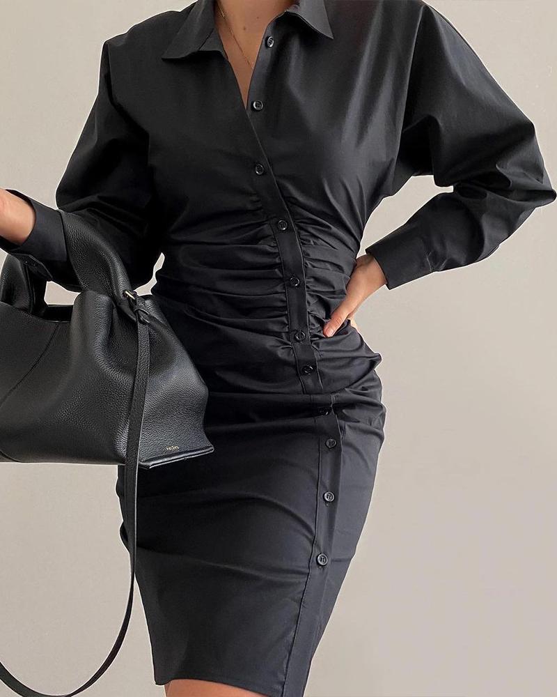 

Button Up Ruched Shirt Dress, Black