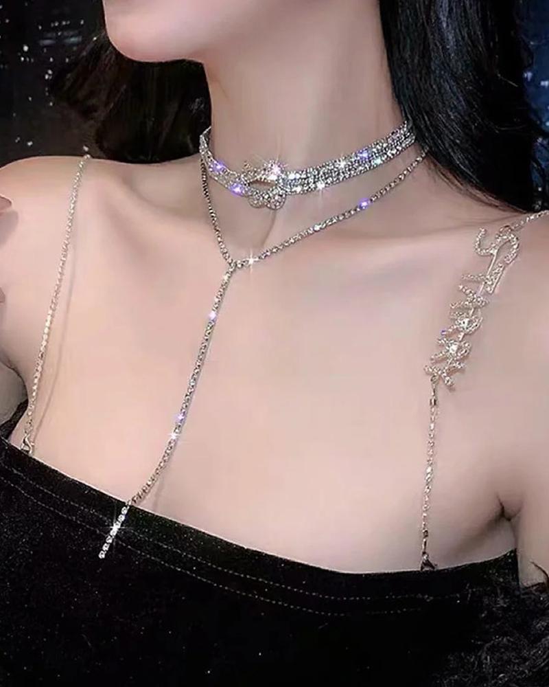 

1pc Sparkling Rhinestone Layered Choker, Silver