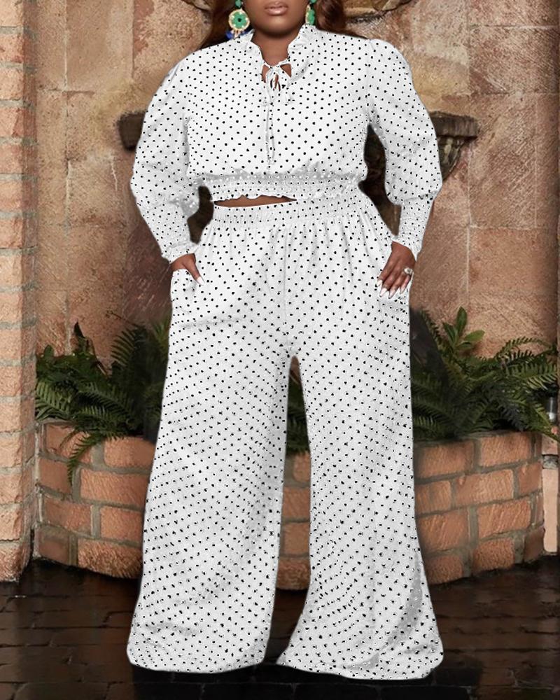 

Plus Size Polkadot Print Lantern Sleeve Top & Wide Leg Pants Set, White