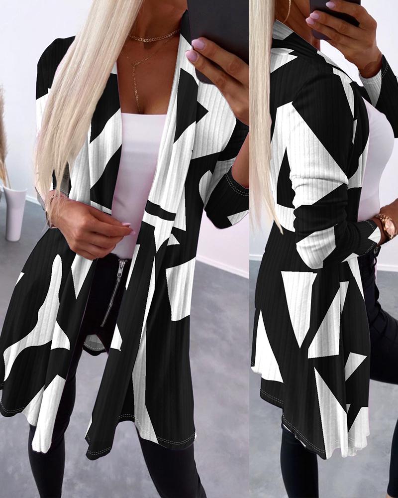 

Abstract Print Open Front Longline Ribbed Coat, Blackwhite