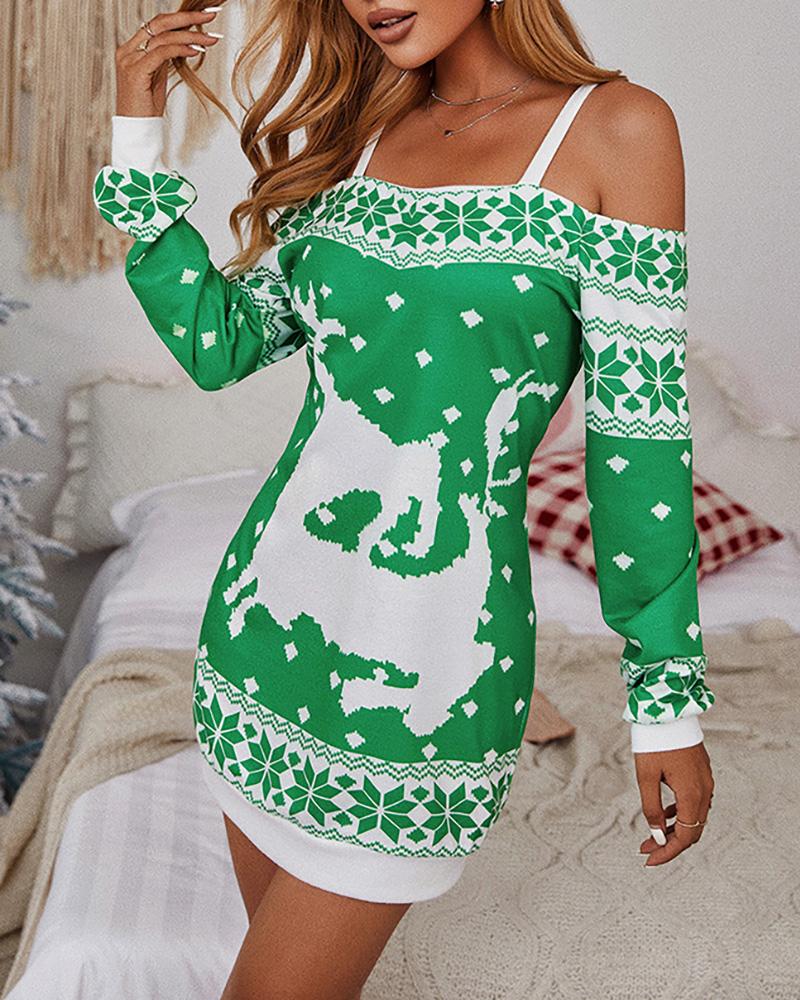 

Christmas Cold Shoulder Deer Snowflake Print Sweatshirt Dress, Green