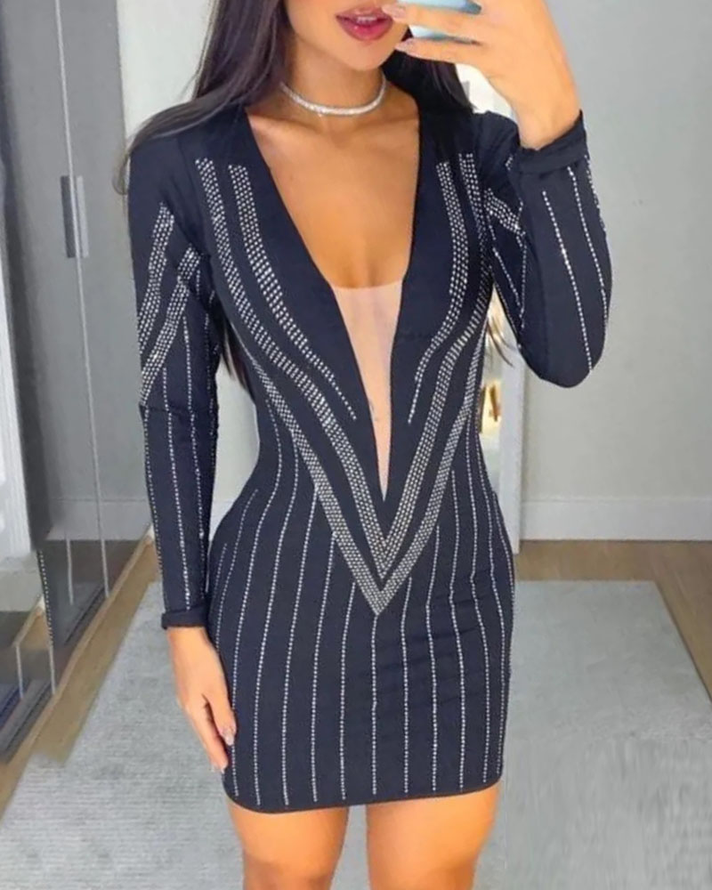 

Long Sleeve Rhinestone Sheer Mesh Bodycon Dress, Black