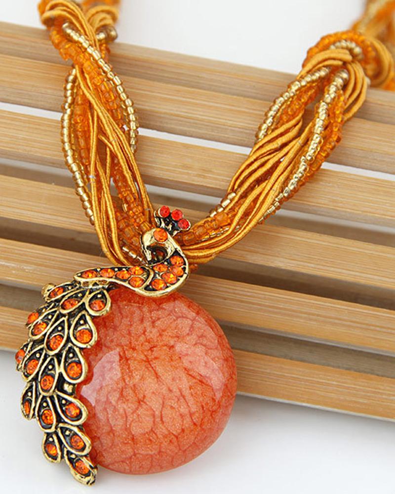 

1pc Peacock Pattern Gem Stone Braided Pendant Necklace, Orange