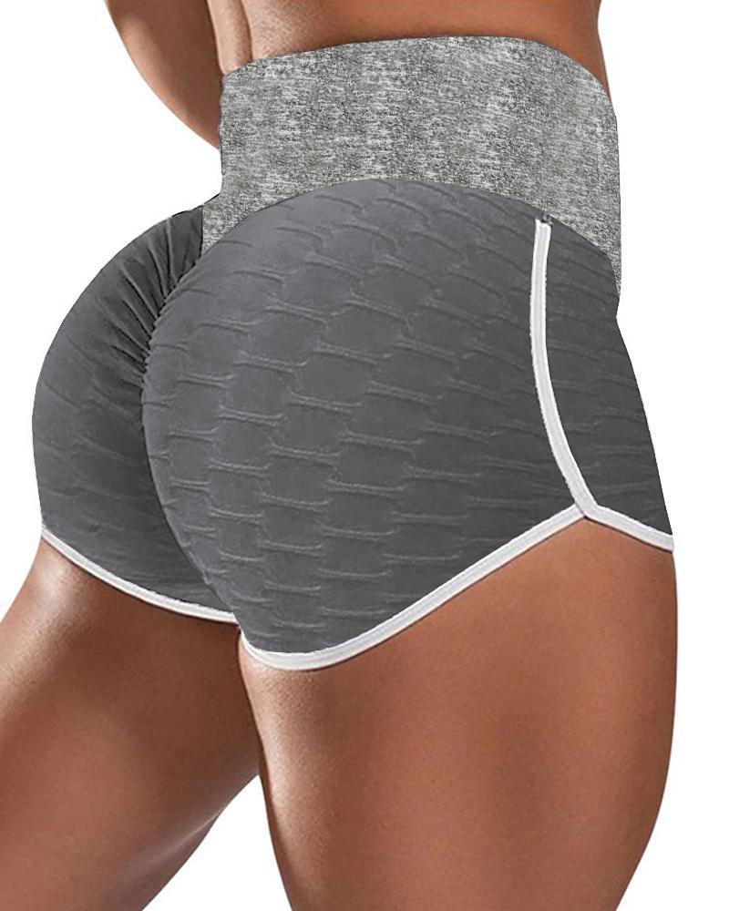 

Bubble Texture High Waist Contrast Binding Butt Lifting Yoga Shorts, Gray