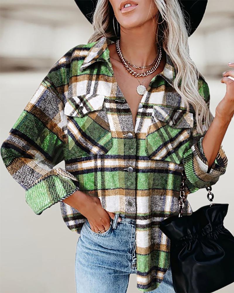 

Plaid Print Colorblock Button Front Shirt, Green