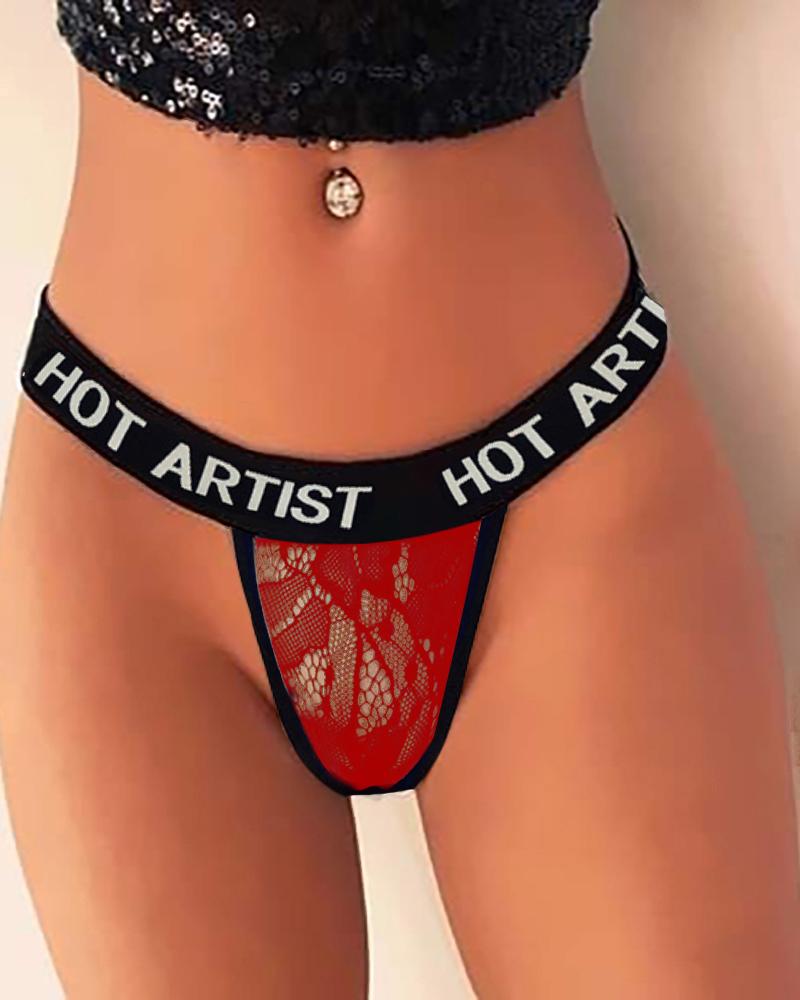 

Letter Print Eyelash Lace Panty, Red