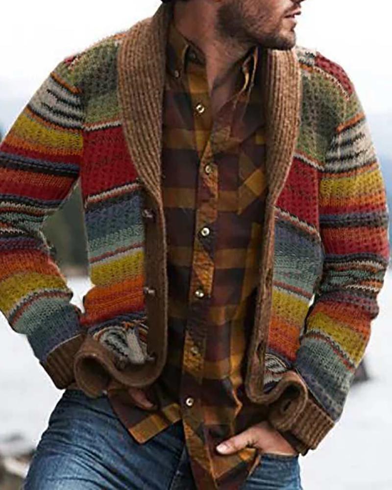 

Colorblock Long Sleeve Buttoned Coat, Red