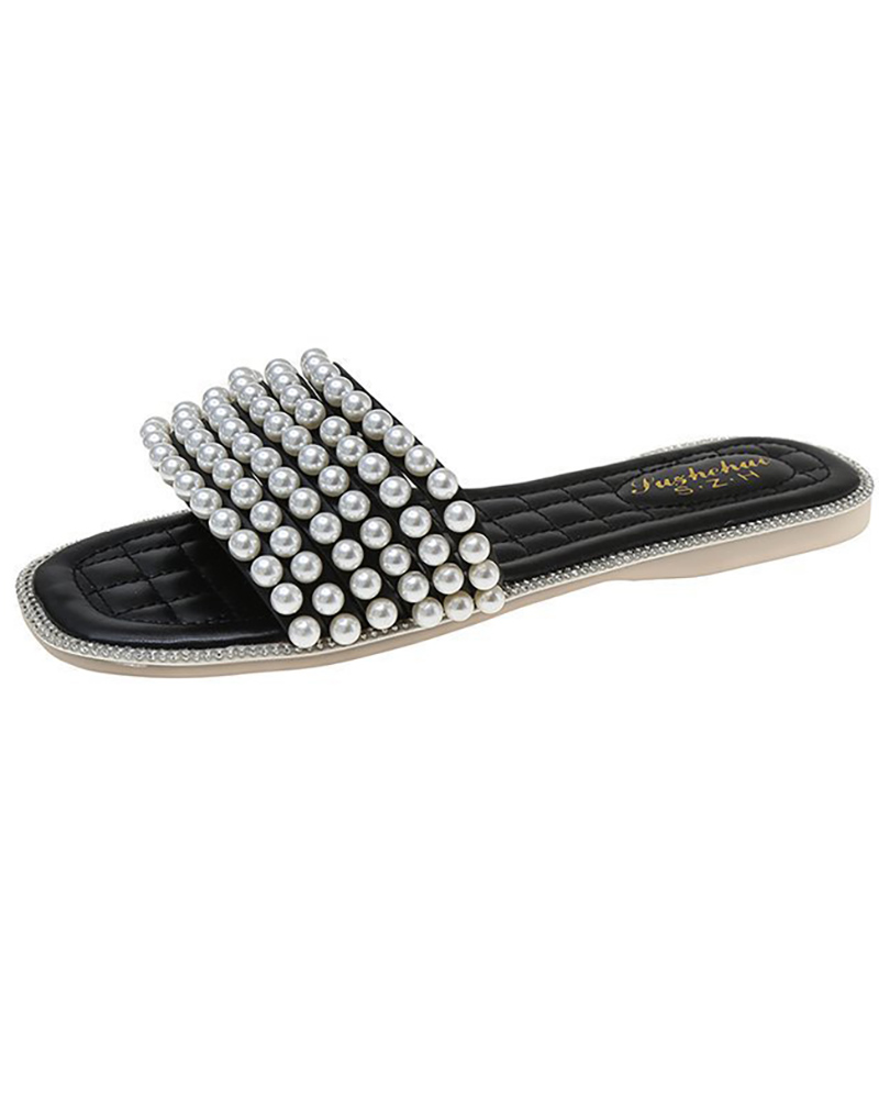 

Square Toe Pearls Decor Quilted Slippers, Black