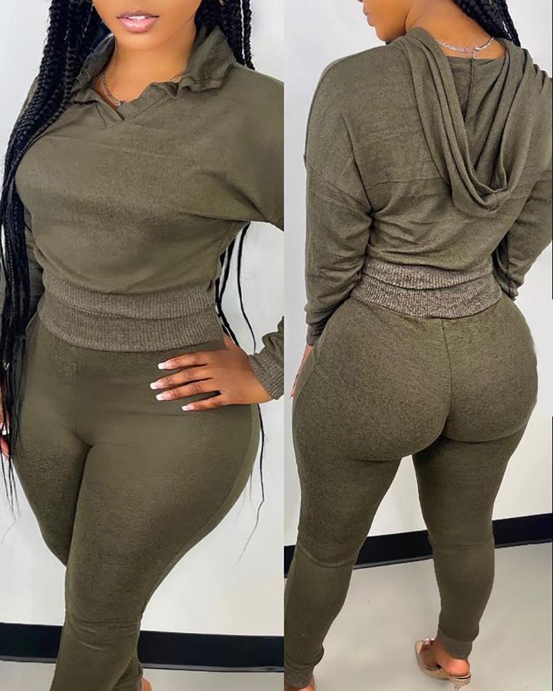 

Long Sleeve Hooded Top & High Waist Pants Set, Green