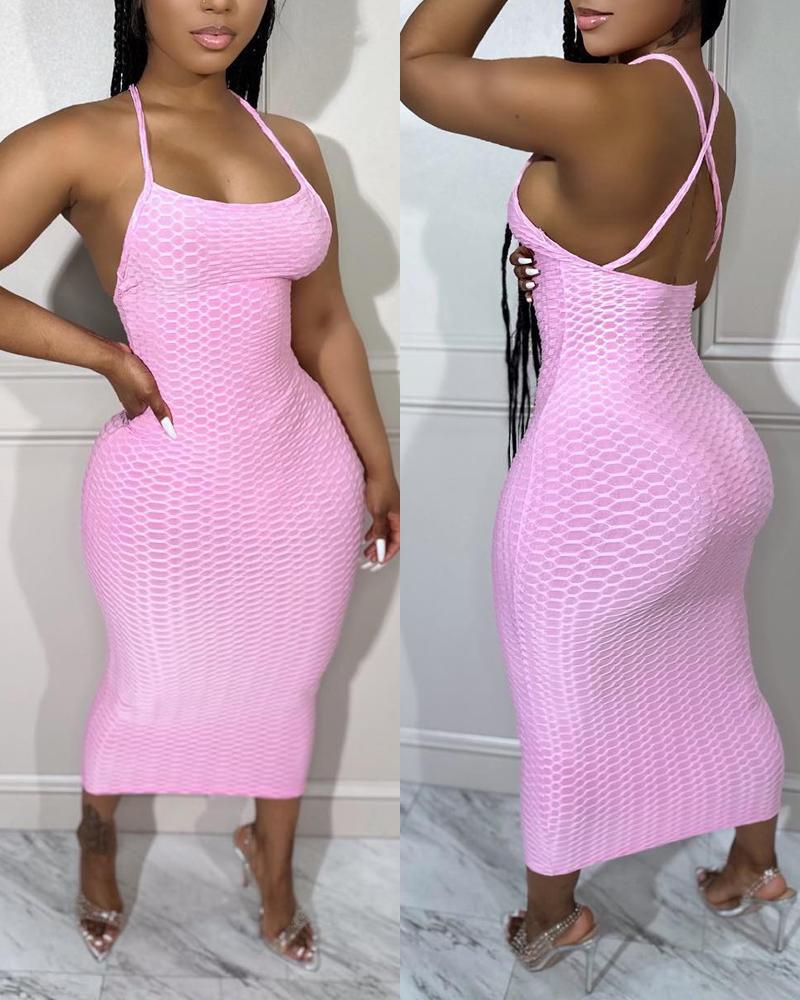 

Crisscross Backless Textured Bodycon Dress, Pink
