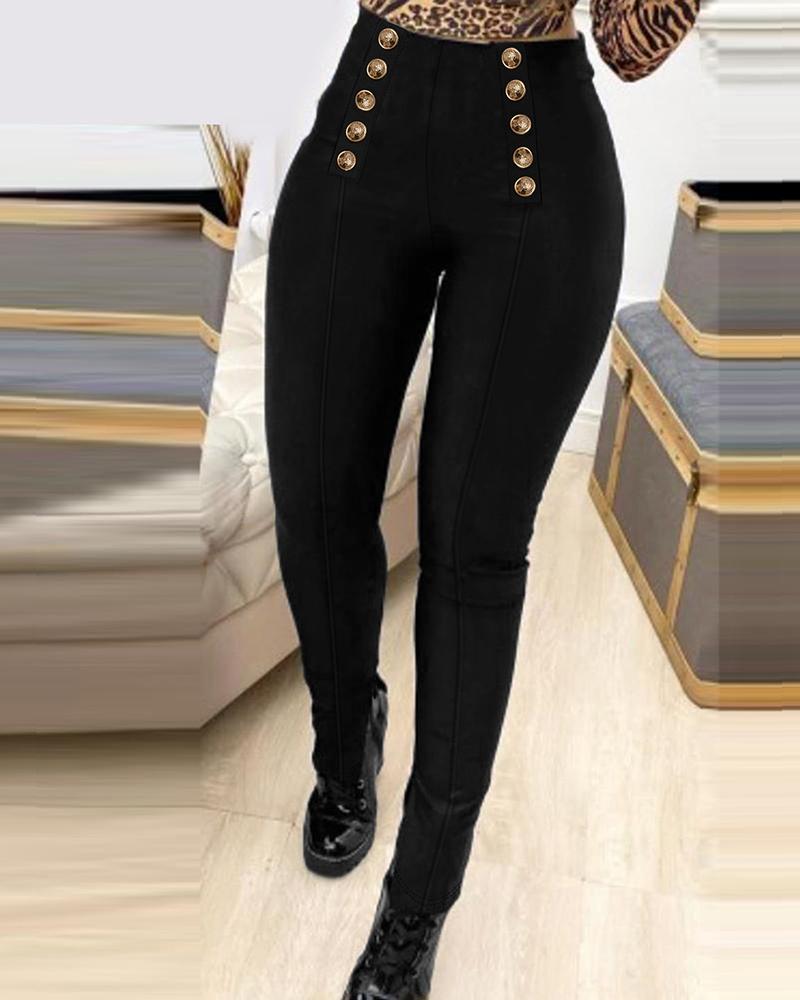

Buttoned High Waist Skinny Pants, Black