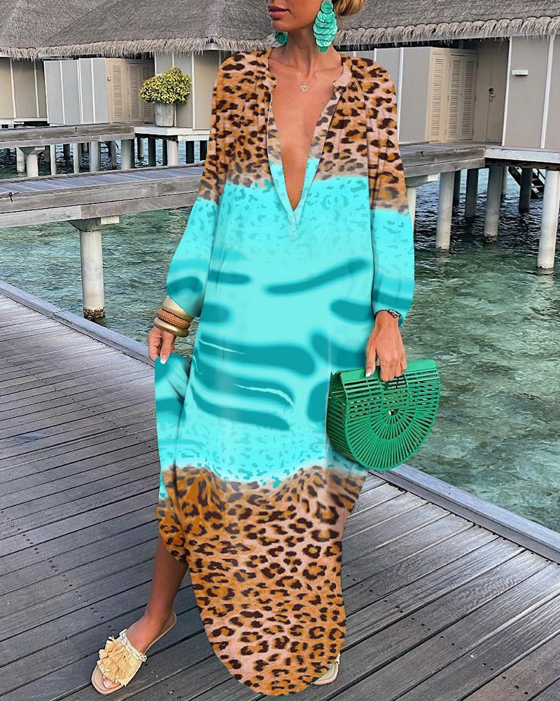 

Leopard Print Long Sleeve Shirt Dress, Blue