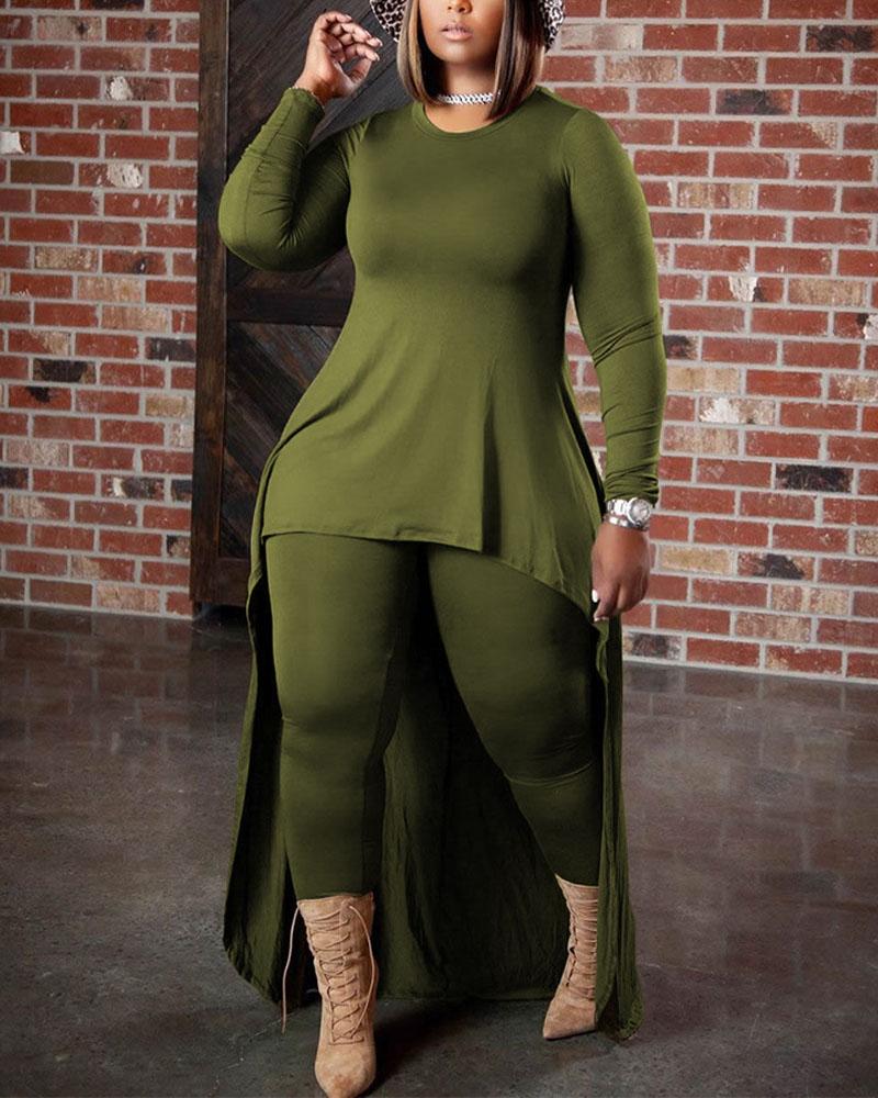 

Plus Size Long Sleeve High Low Hem Top & Pants Set, Green
