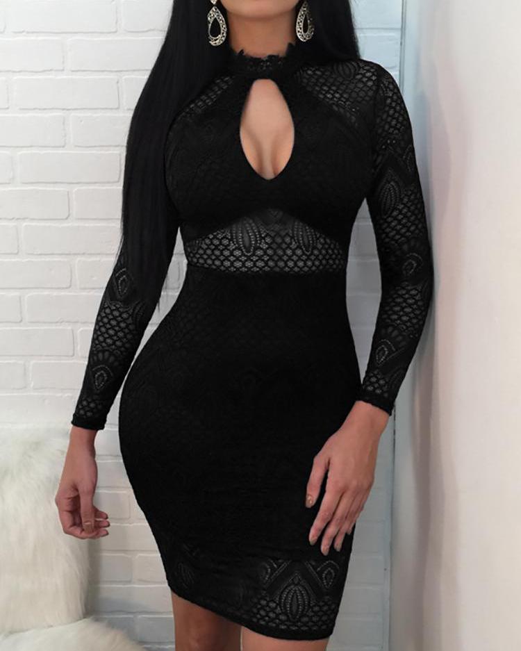 

Cutout Front Hollow Out Lace Patch Bodycon Dress, Black