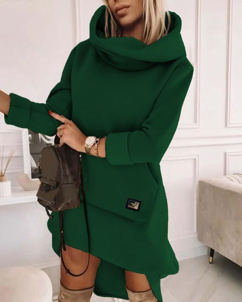 

High Neck Long Sleeve Sweatshirt Casual Dress, Dark green