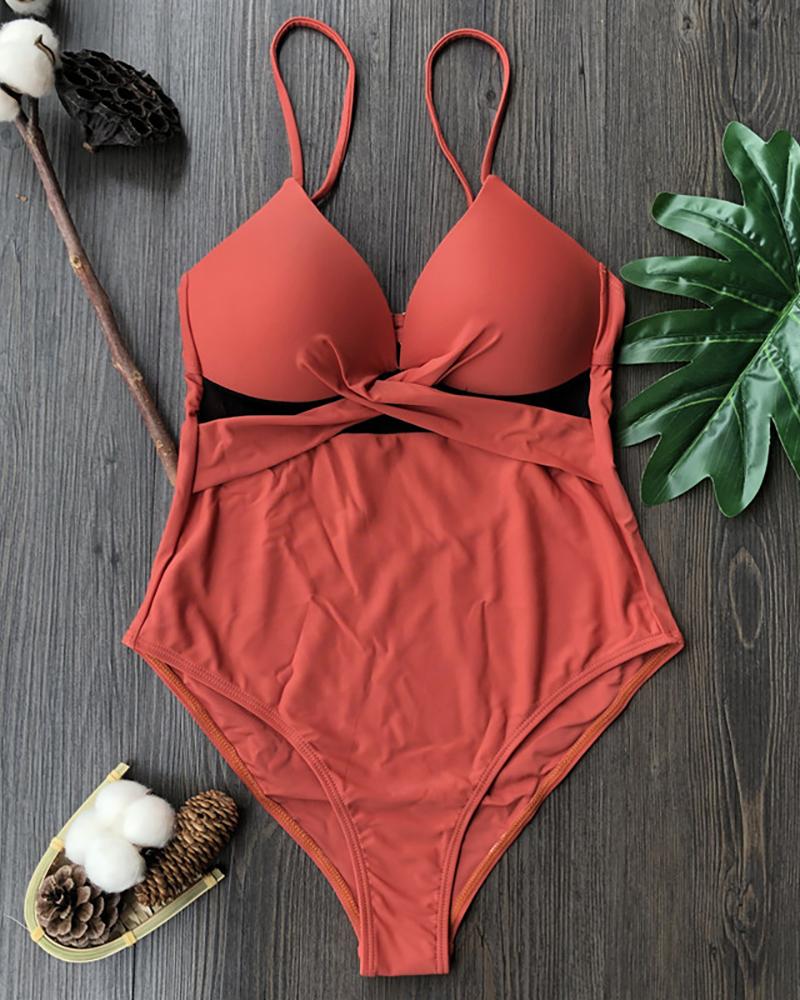 

Plunge Sheer Mesh Crisscross One Piece Swimsuit, Red