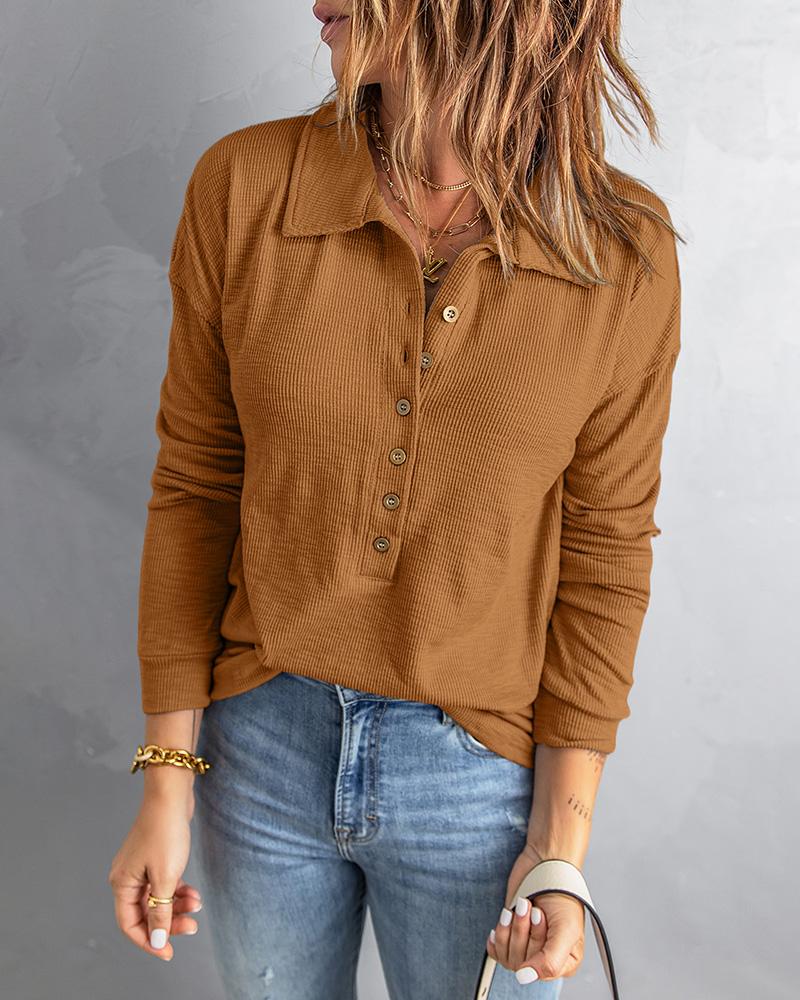 

Button Front Long Sleeve Casual Knit Top, Brown