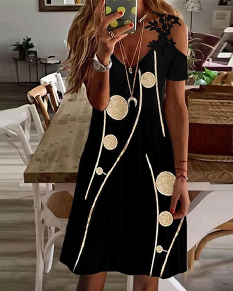 

Colorblock Contrast Lace Cold Shoulder Casual Dress, Style2