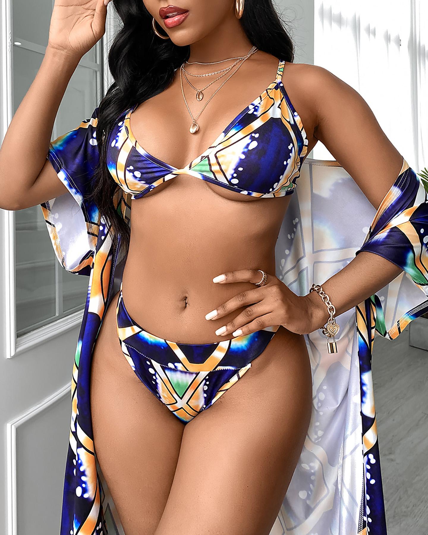 

3PCS All Over Print Bikini Sets With Cover Up, Multicolor