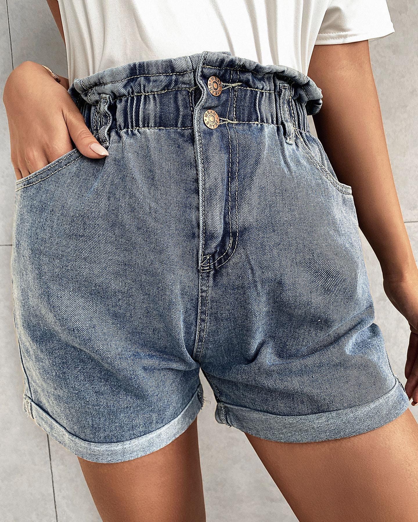 

Ruffles High Waisted Casual Denim Jean Shorts, Blue