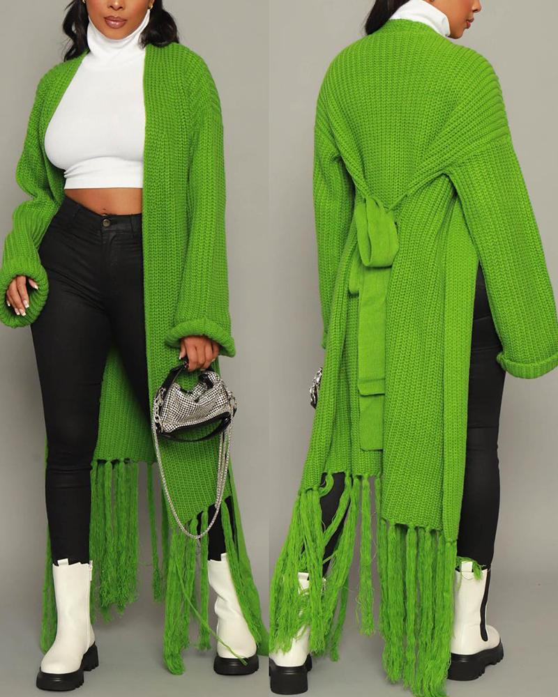 

Tied Detail Tassel Design Knit Cardigan, Green