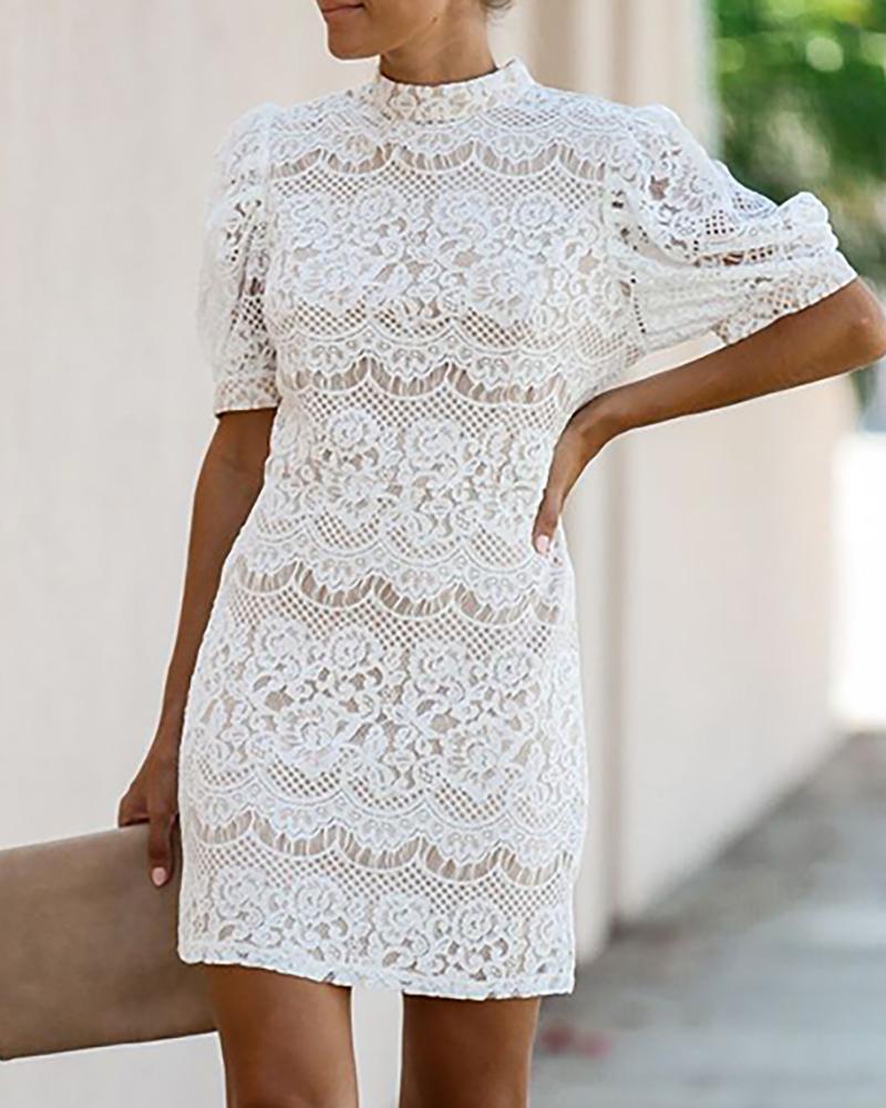 

Crochet Lace Short Sleeve Mini Dress, White