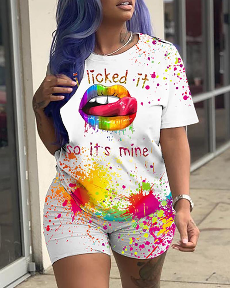

Ink Splash Lip Print Top & Shorts Set, Style1