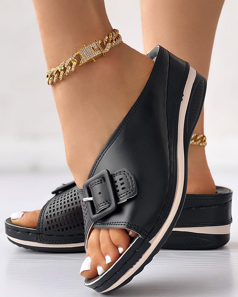 

Buckled Hollow Out Wedge Slippers, Black