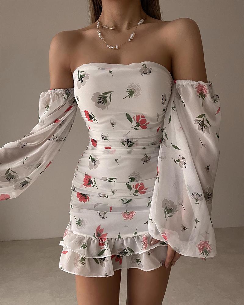 

Off Shoulder Ruffle Hem Ruched Floral Print Dress, White