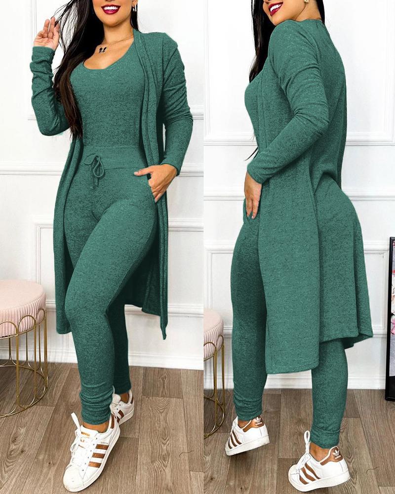 Drawstring Pocket Design Jumpsuit & Coat Set