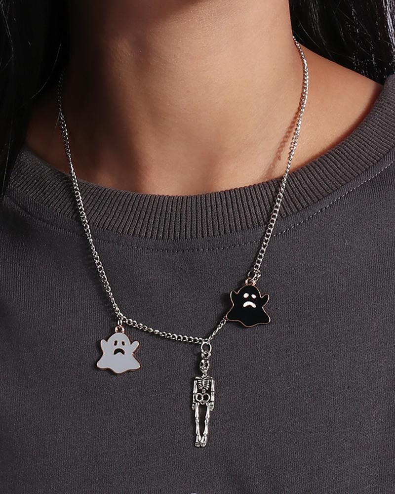 

1pc Halloween Skeleton Cartoon Ghost Pendant Necklace, Silver